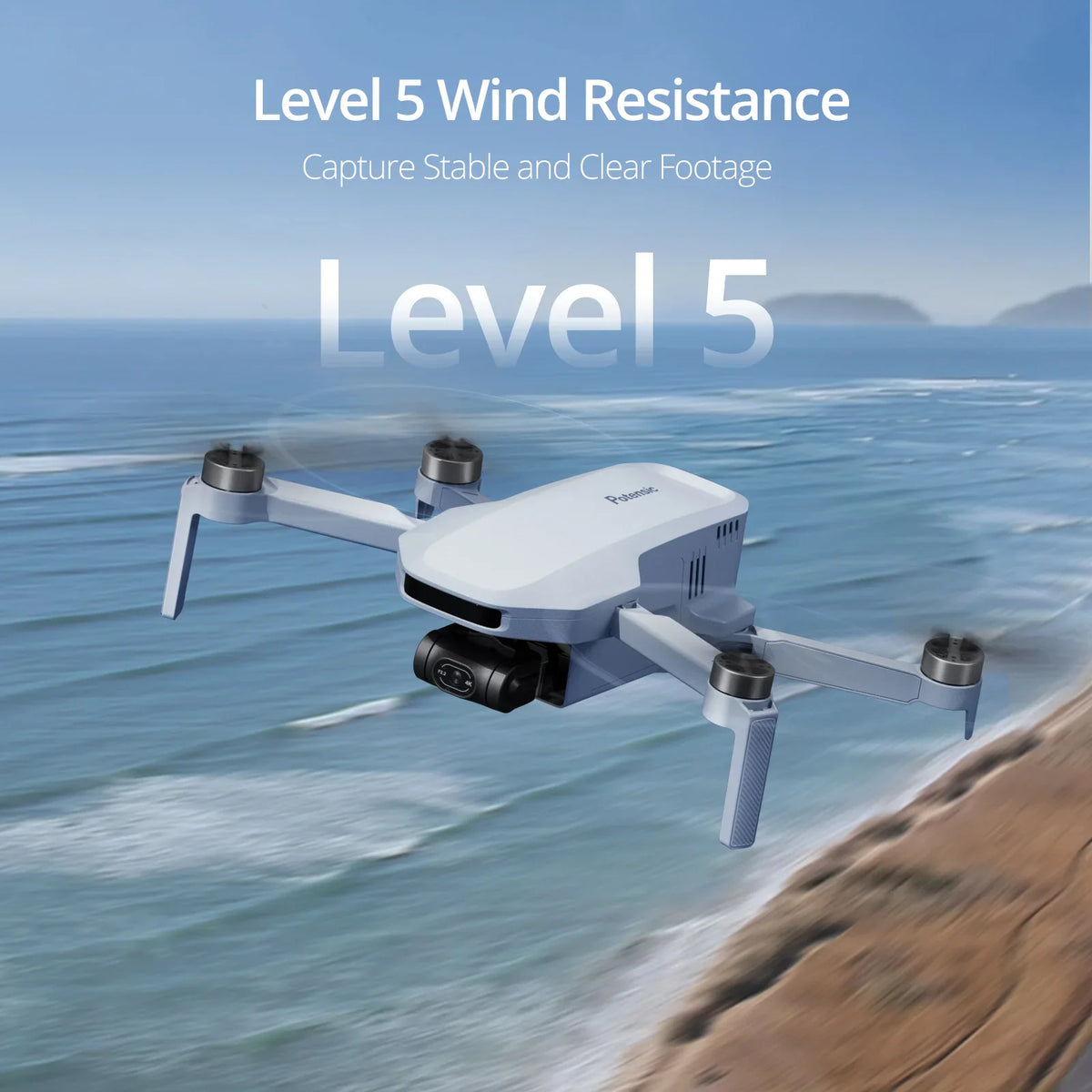Grey drone flying over the ocean representing wind resistance
