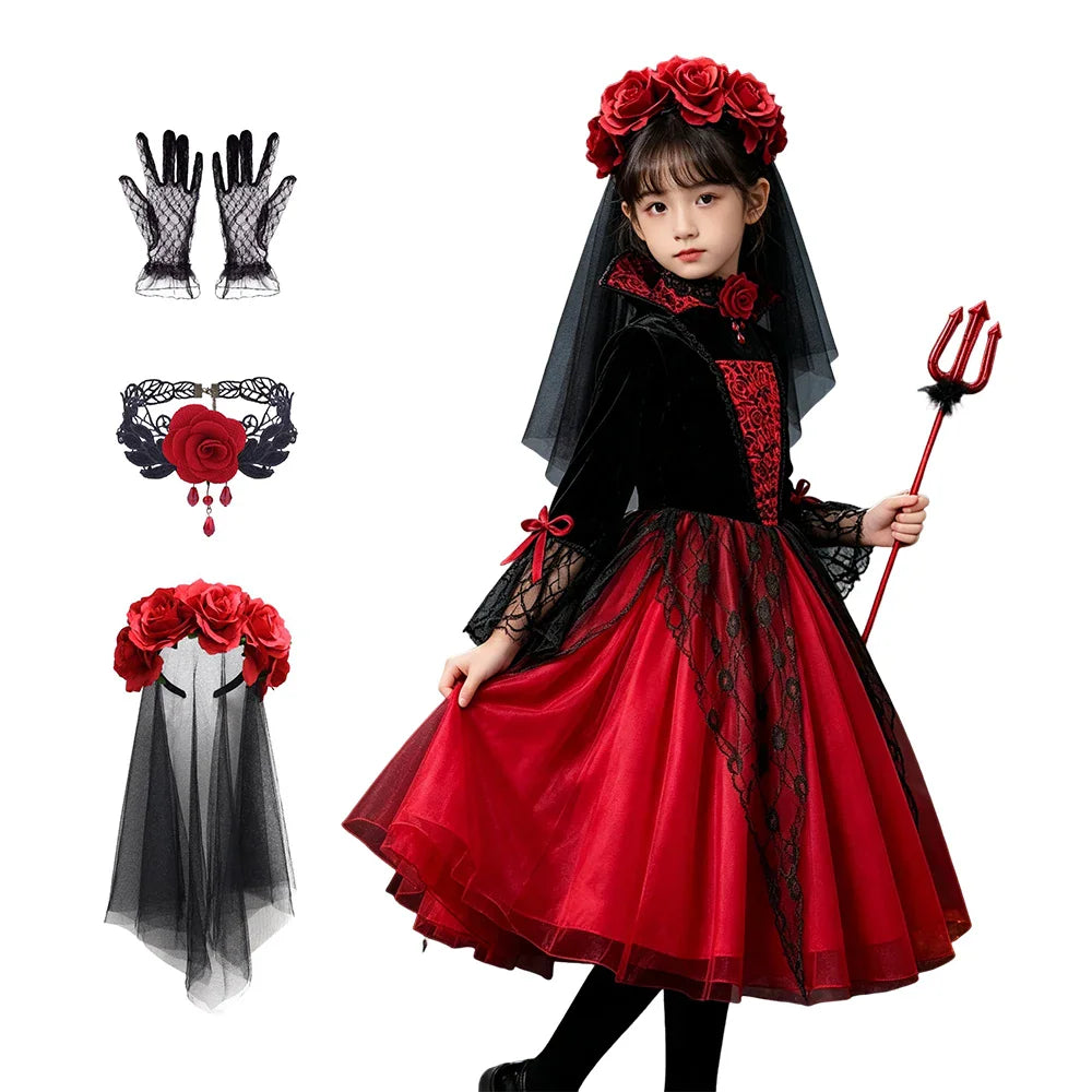 Girl wearing a black and red vampire costume with a floral veil, lace gloves, a choker and holding a trident prop