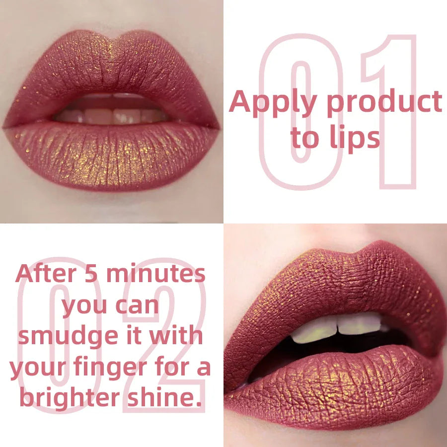 Instructions on how to apply metallic glitter liquid lipstick to lips.
