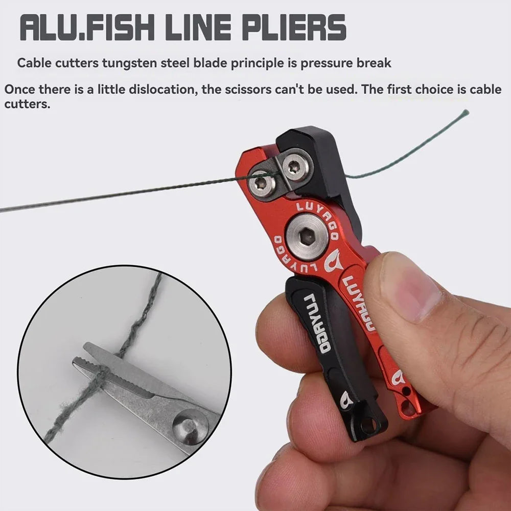 Close up of aluminum fishing pliers cutting line with detailed text