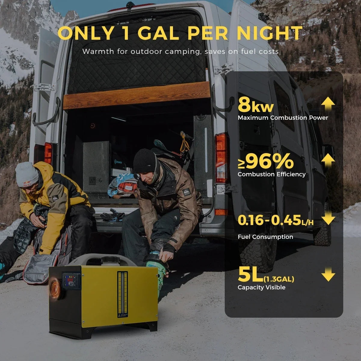 Portable yellow diesel heater for outdoor camping and van heating in snowy conditions