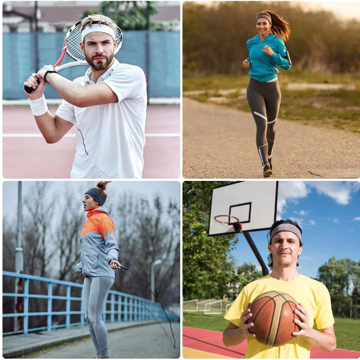 A collage of people wearing headbands while playing tennis, jogging, jumping rope, and playing basketball.
