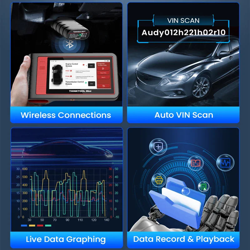 Diagnostic scanner features including wireless connection, auto VIN scan, data graphing, and recording.