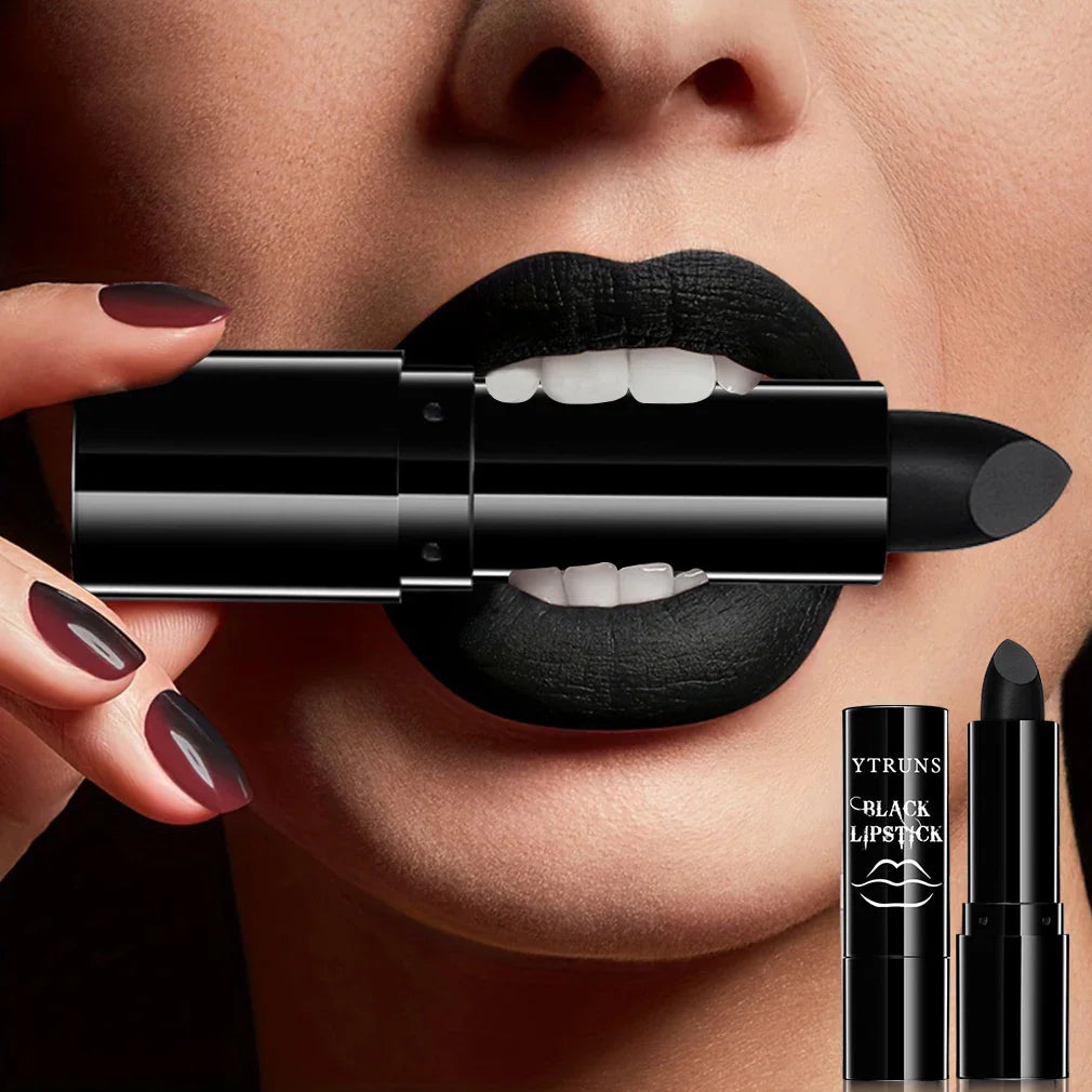 Matte black lipstick tube and a close-up of lips wearing the product
