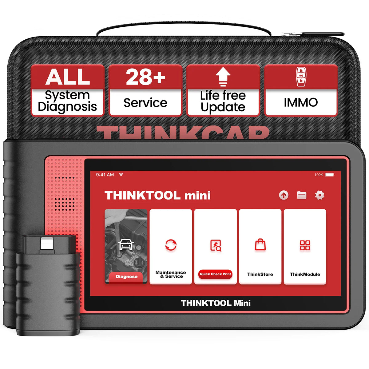 Handheld OBD2 car diagnostic scanner with tablet screen and carry case.