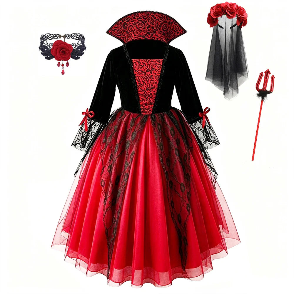 A black and red vampire dress with lace details, a choker, a floral veil and a trident prop