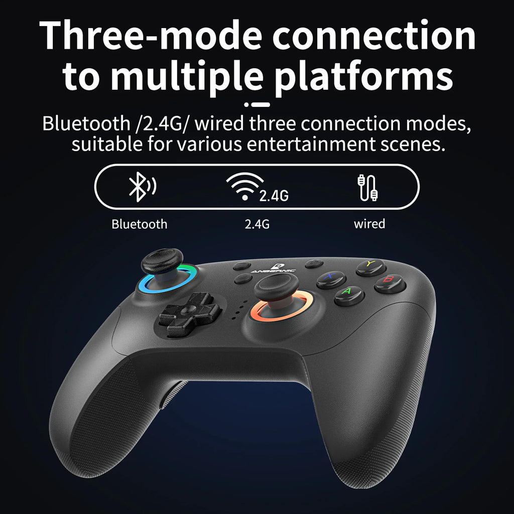Black wireless gaming controller showing Bluetooth, 2.4G, and wired connection modes