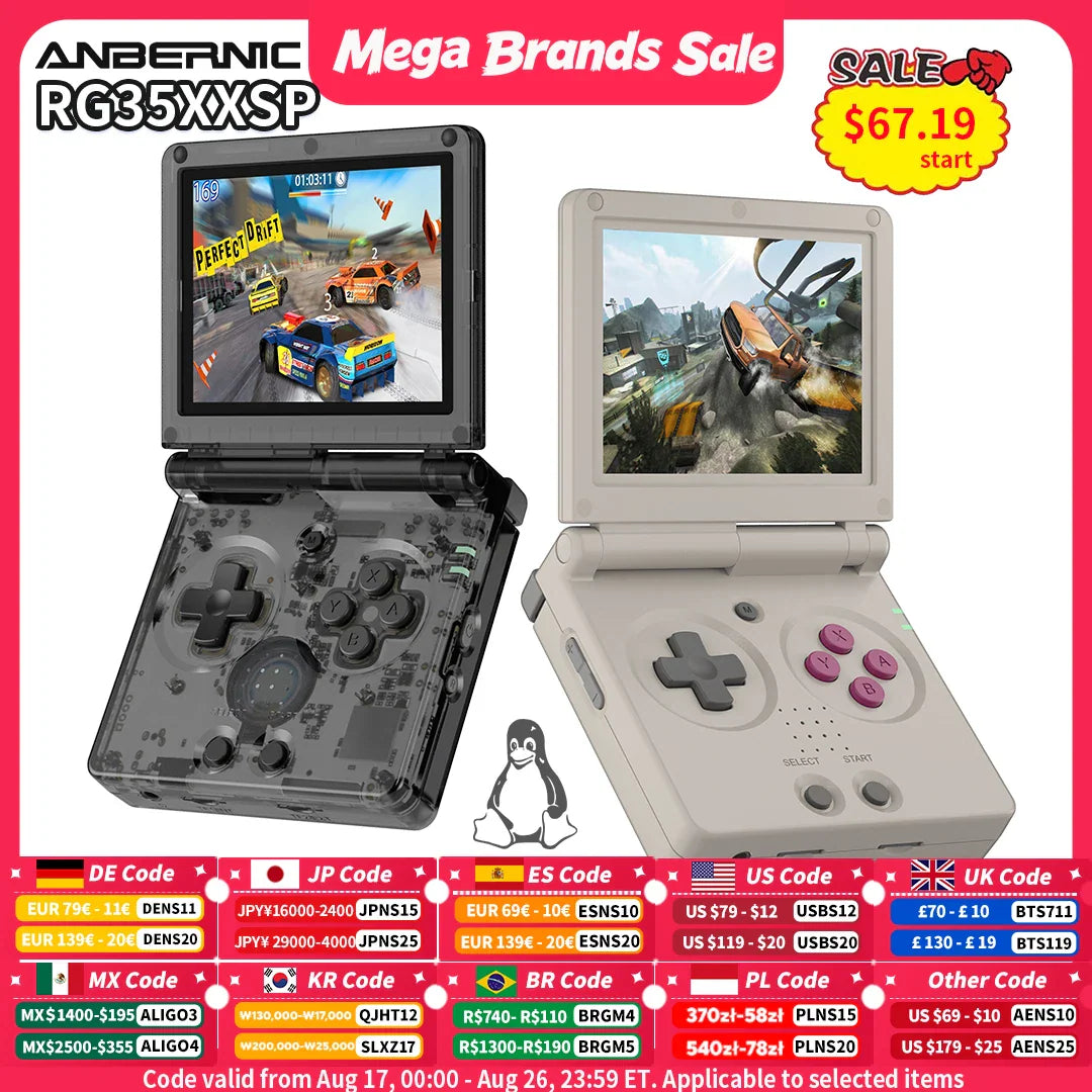 Flip style retro handheld game console in transparent black and beige versions.