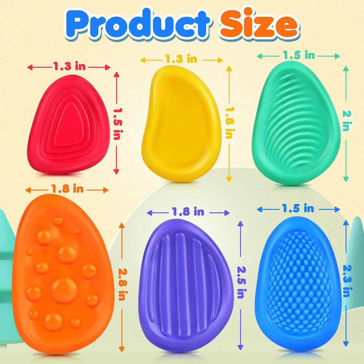 Dimensions and sizes of 6 different textured sensory silicone stones