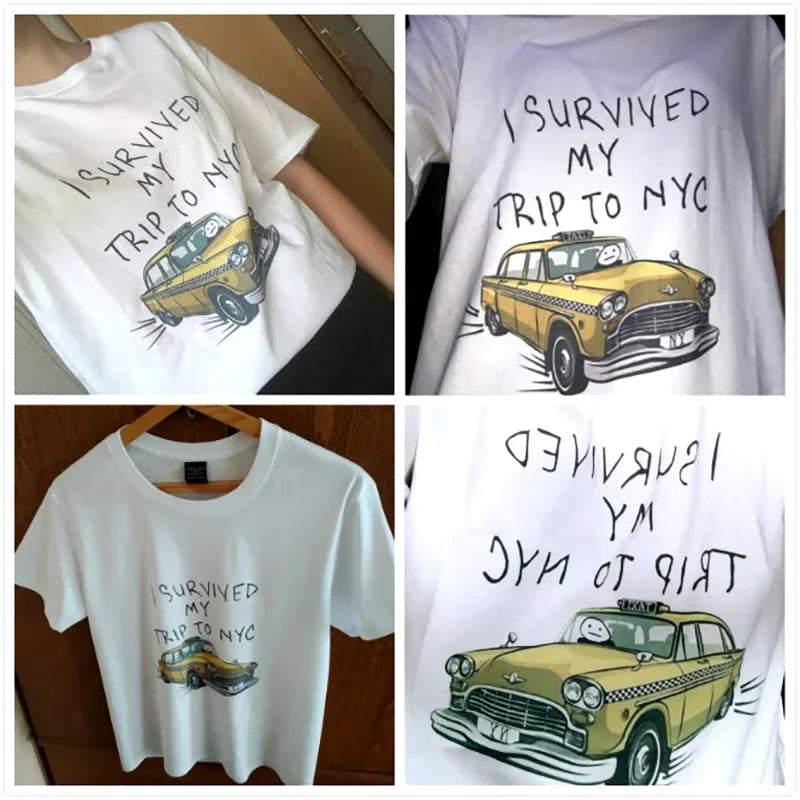 Collage of a white t-shirt with a yellow taxi print on a person and on a hanger