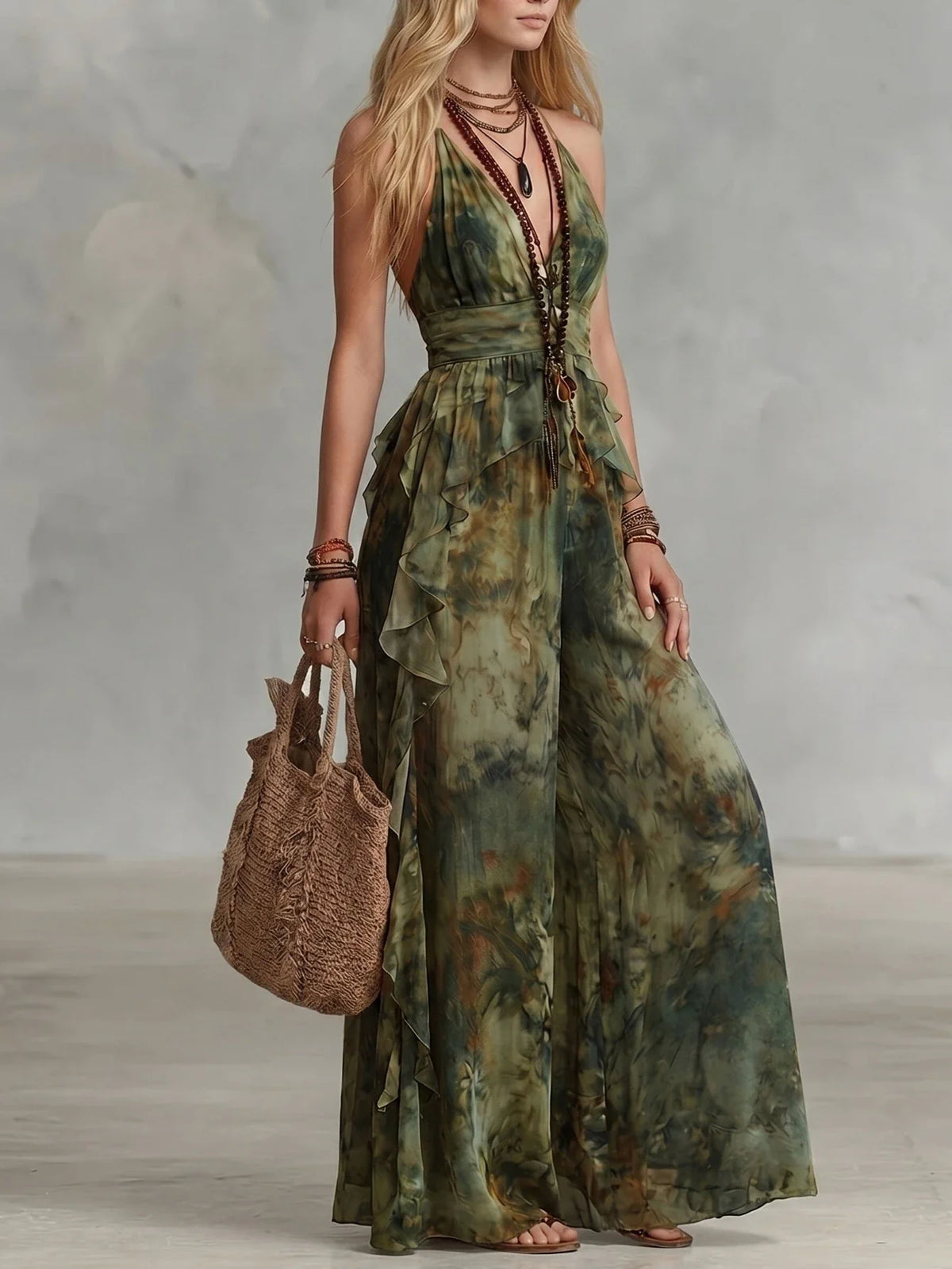 Side view of a woman wearing a green and brown tie-dye spaghetti strap ruffled maxi dress carrying a woven bag