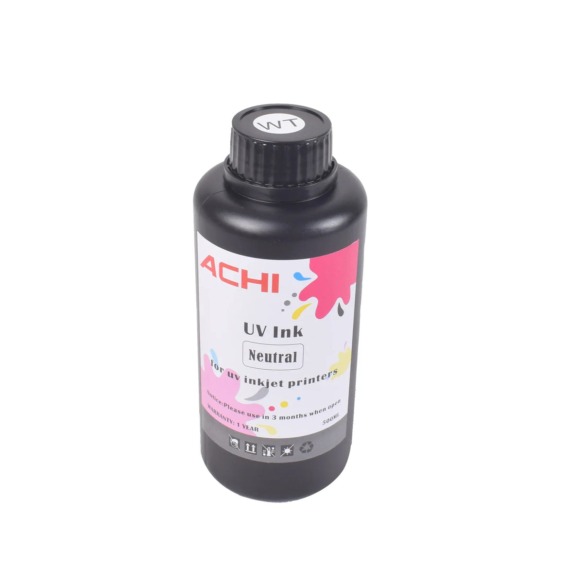 Five bottles of CMYKW UV ink, each containing 500ml, for use in UV flatbed inkjet printers. – 1x500ML white