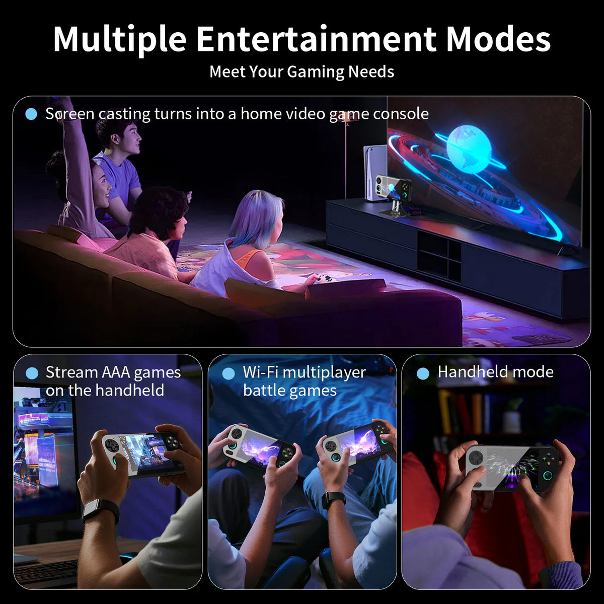 A handheld gaming console being used in various modes including TV connection, multiplayer, and handheld play.