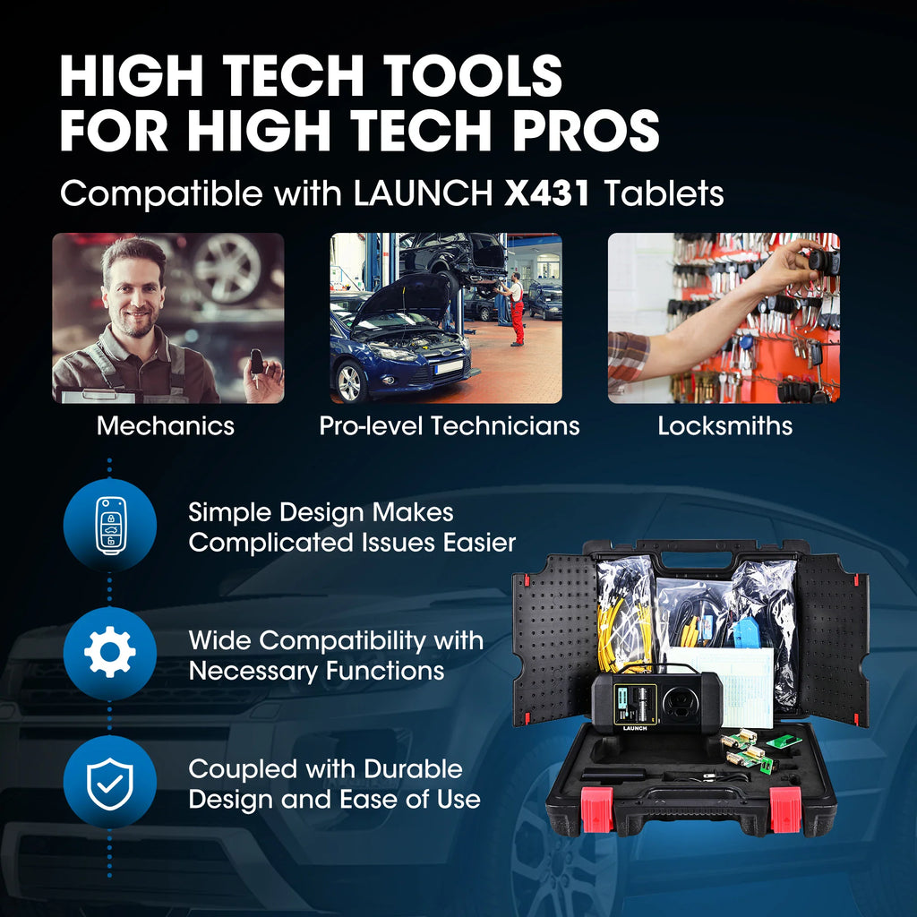 Professional diagnostic tools featuring mechanics and technicians with key programming equipment