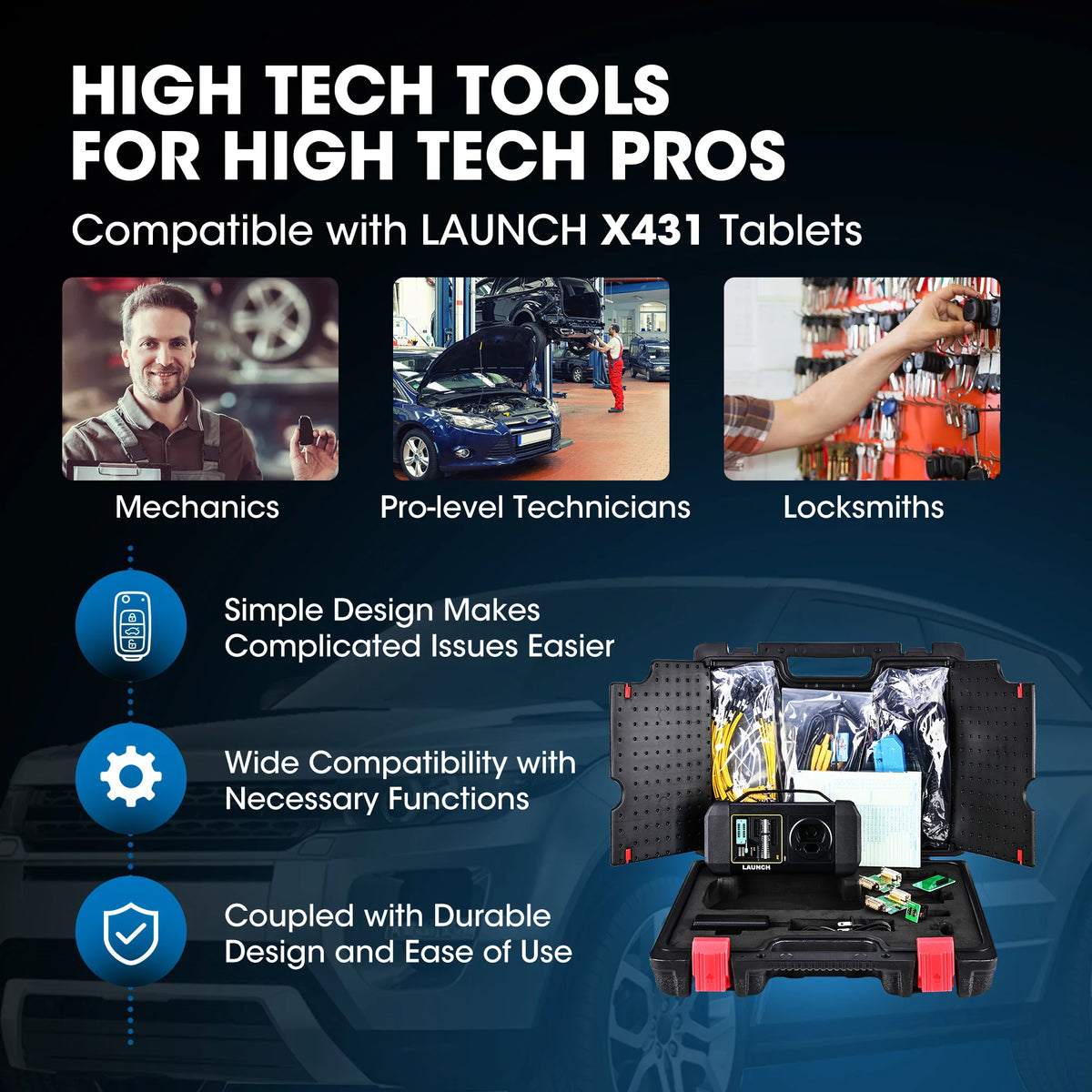 Professional diagnostic tools featuring mechanics and technicians with key programming equipment