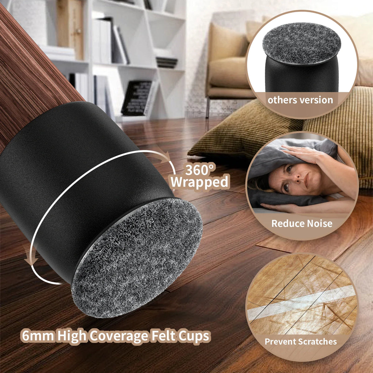 Black silicone floor protectors installed on furniture legs showing sound reduction and floor protection benefits