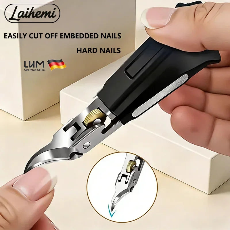 Close-up of a professional nail clipper trimming a thick nail.