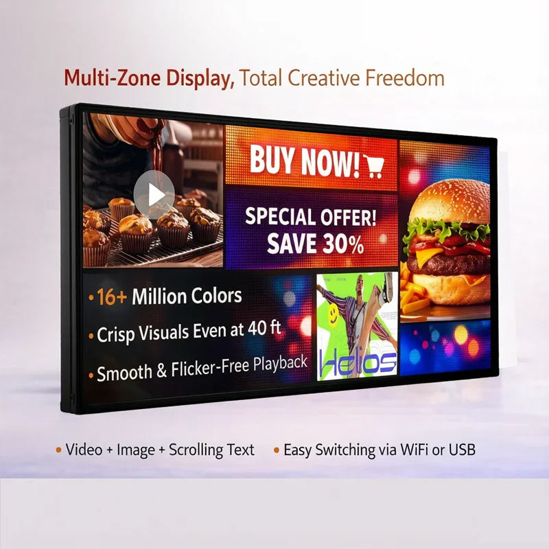 A P5 programmable LED display showing a split screen with food visuals, text, and playback features.