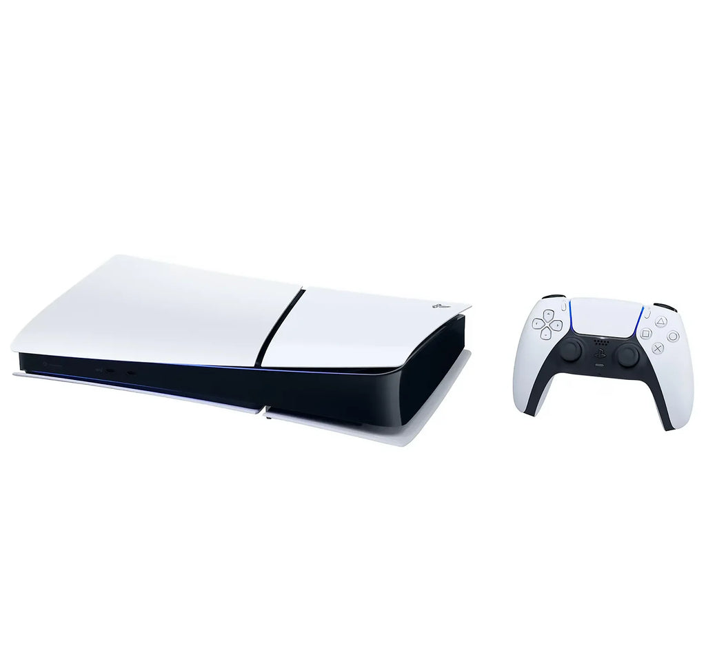 White and black digital game console lying down with wireless controller