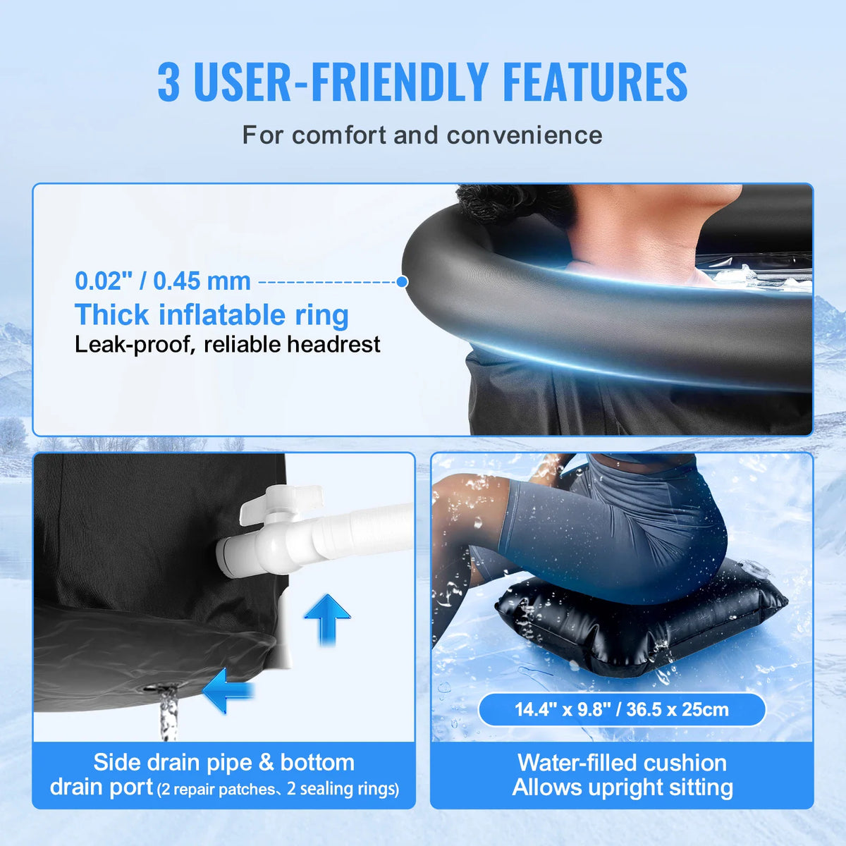 Diagrams of ice bath tub features including drain pipe, inflatable ring, and water cushion