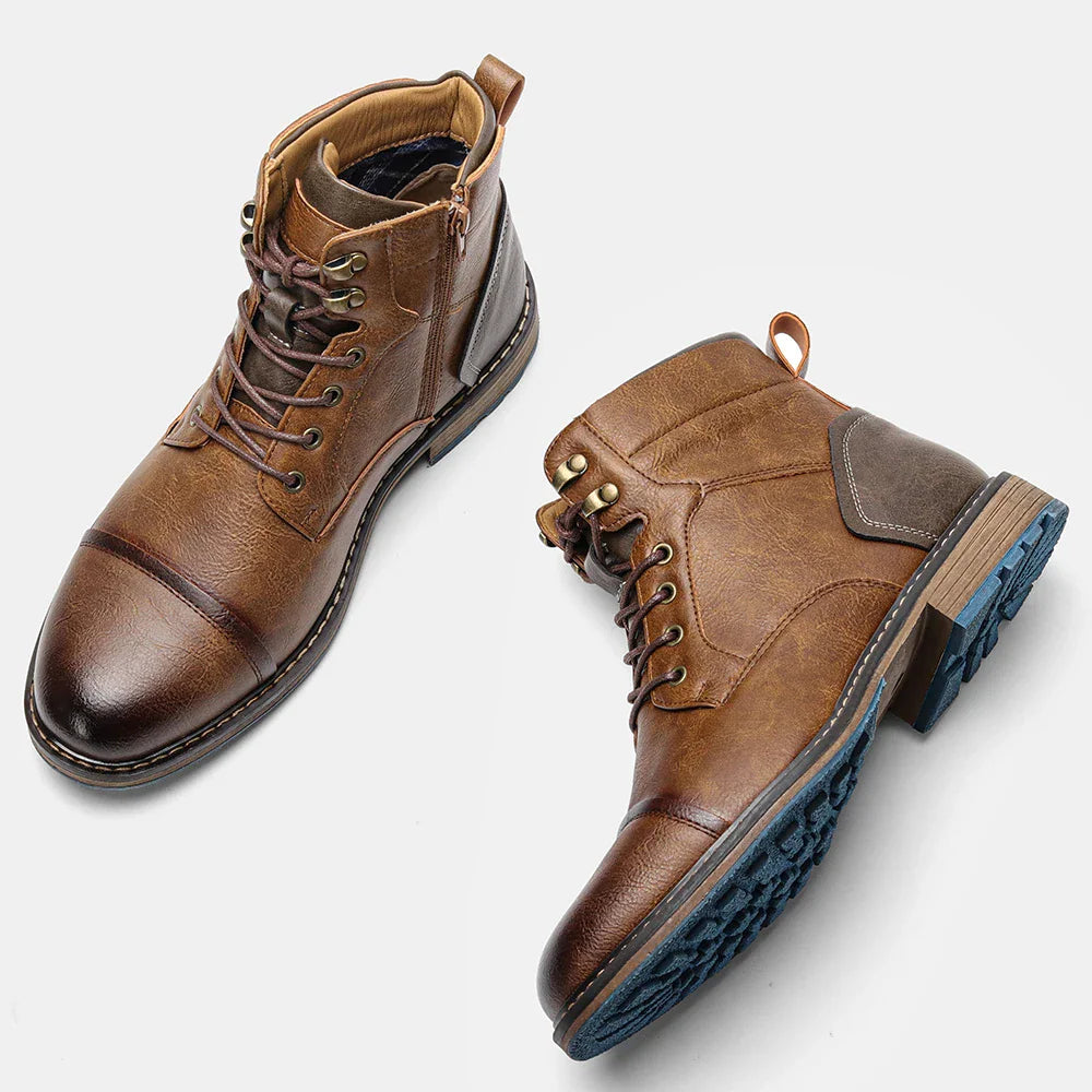 Pair of men's brown leather ankle boots from top and side angle