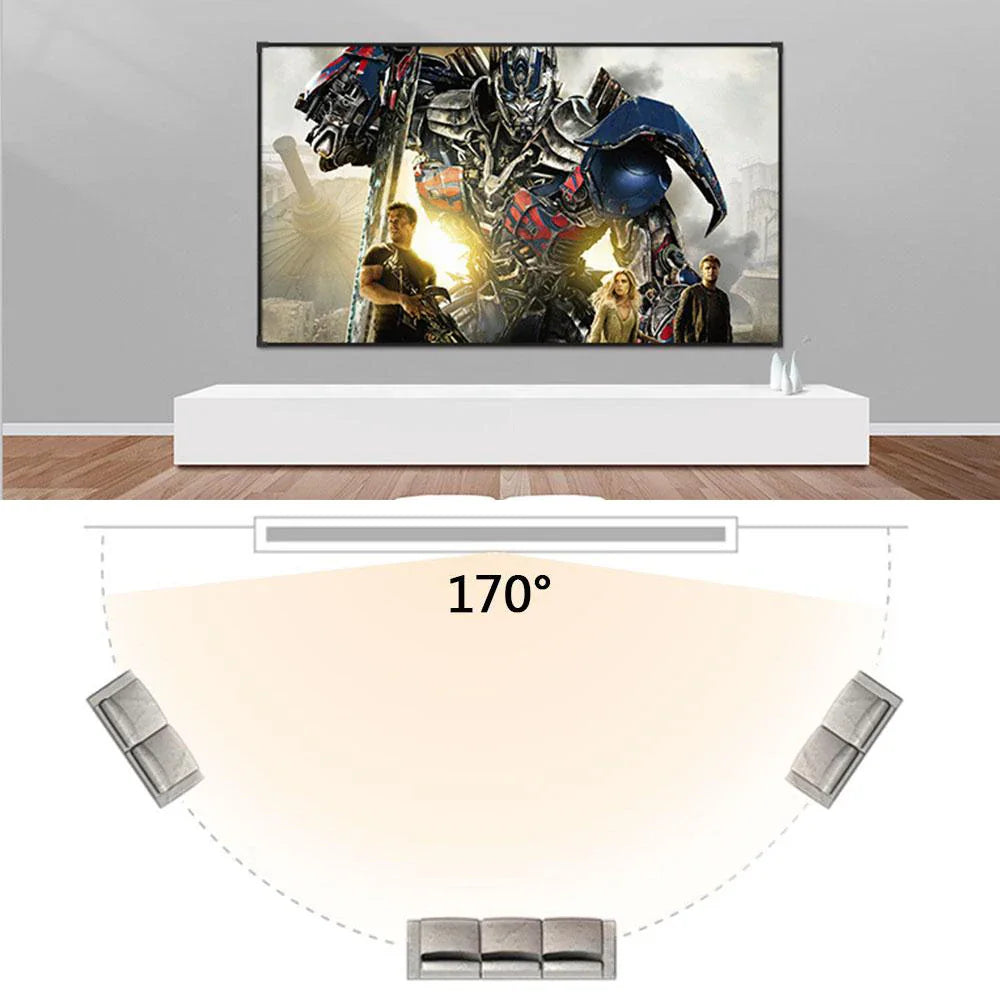 Projector screen showing 170-degree wide viewing angle for optimal home theater seating positions
