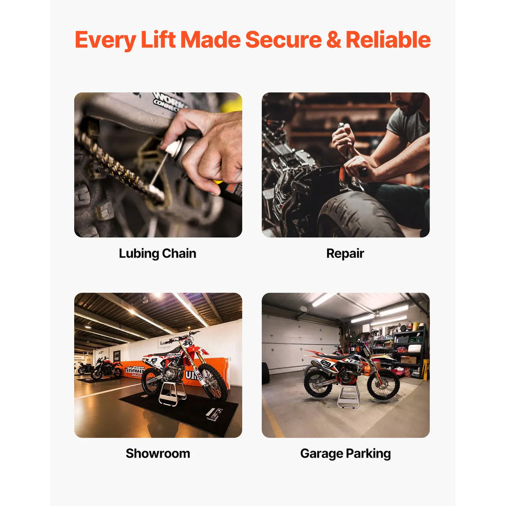 Various uses of a motorcycle lift stand including chain maintenance, repair, and garage storage