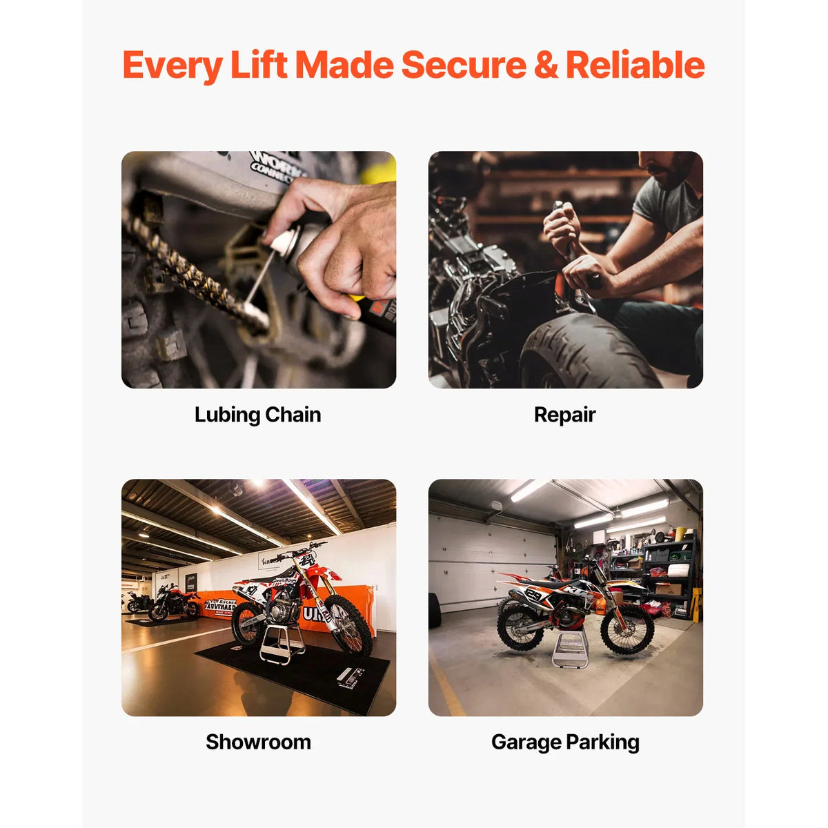 Various uses of a motorcycle lift stand including chain maintenance, repair, and garage storage