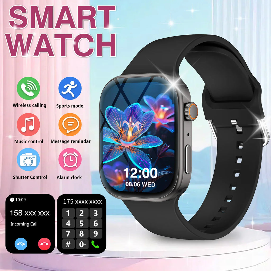 A black smartwatch displaying a floral watch face with various feature icons and call menu overlays.