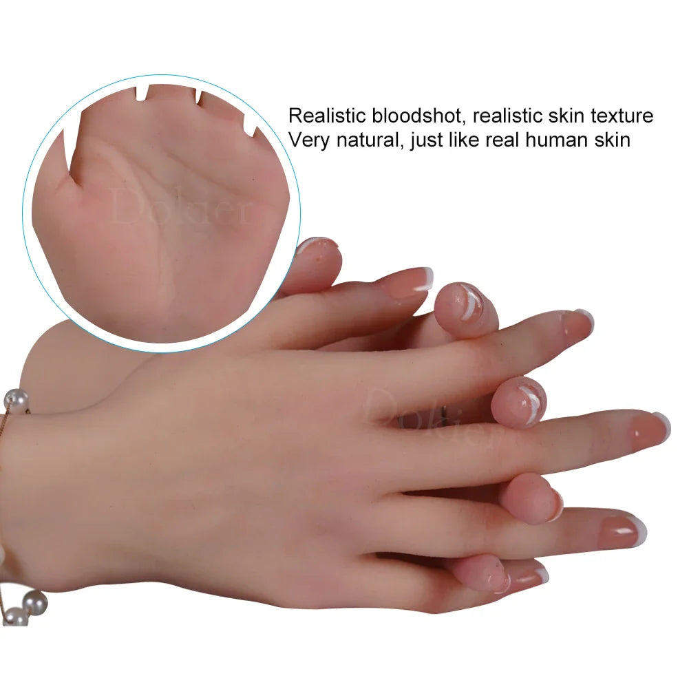 Close-up of a realistic silicone female hand demonstrating skin texture and flexibility.