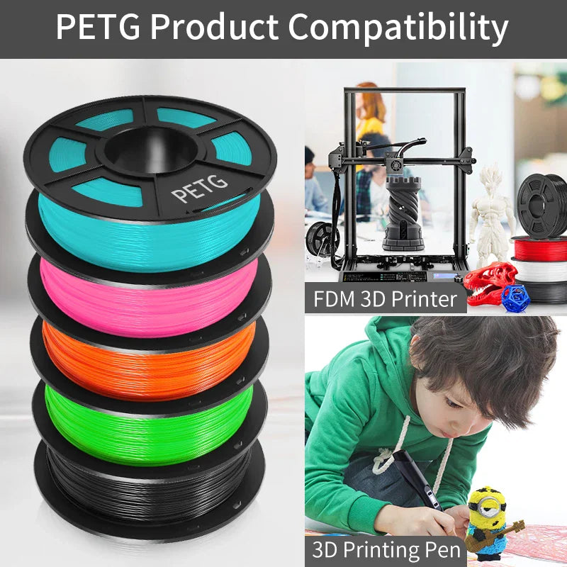 Stack of colorful PETG 3D printing filament spools with a printer and user