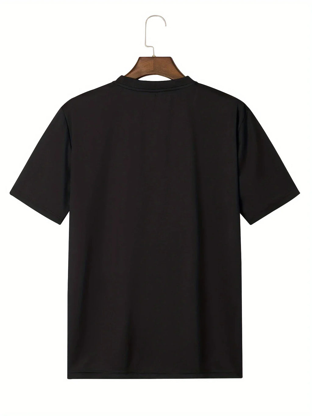 Back view of a men's black T-shirt on a hanger