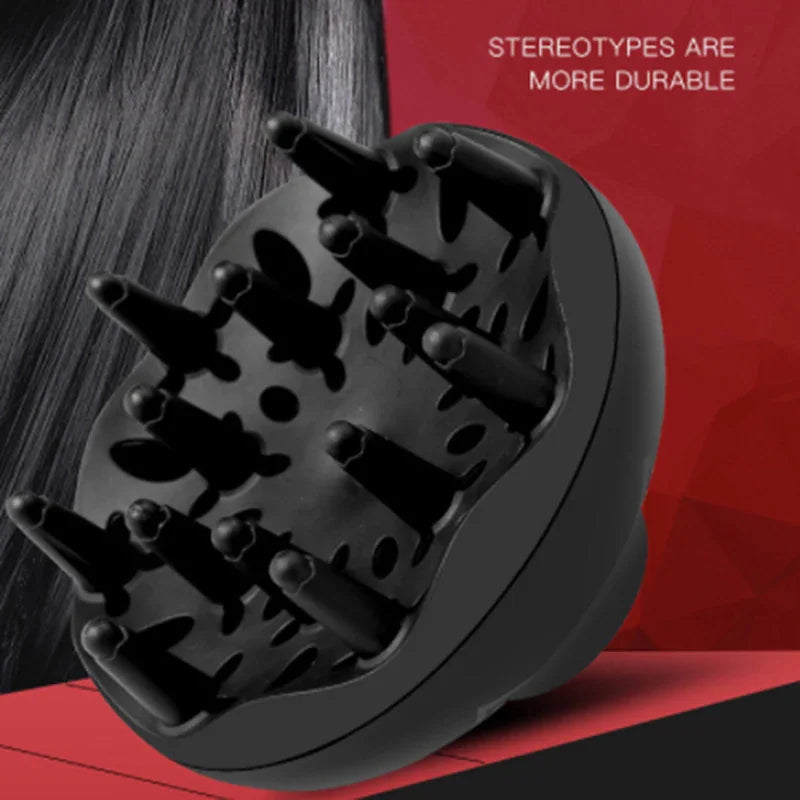 Black hair dryer diffuser attachment next to a model's hair