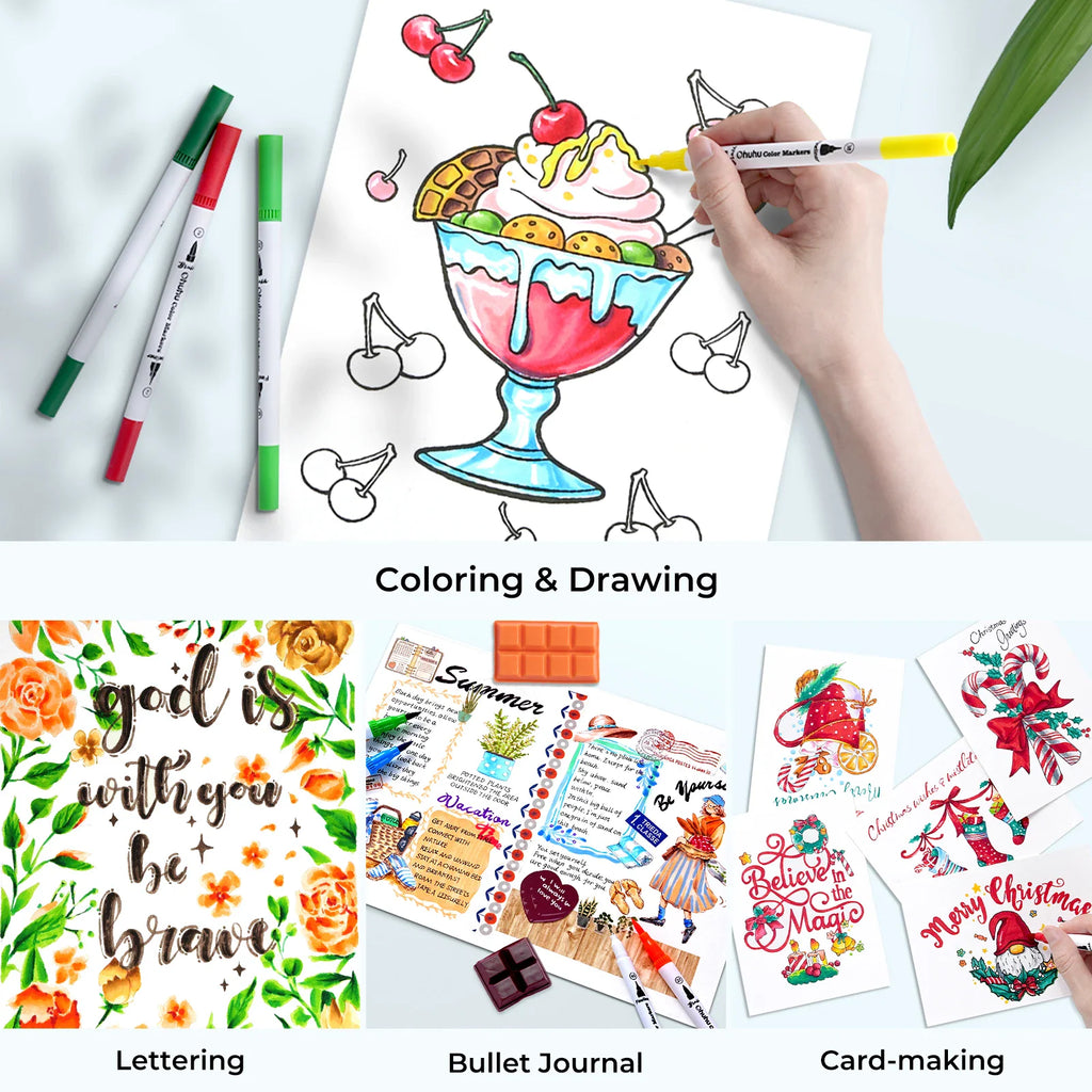 A collage showing various artistic projects including lettering, bullet journaling, and greeting card making with markers.