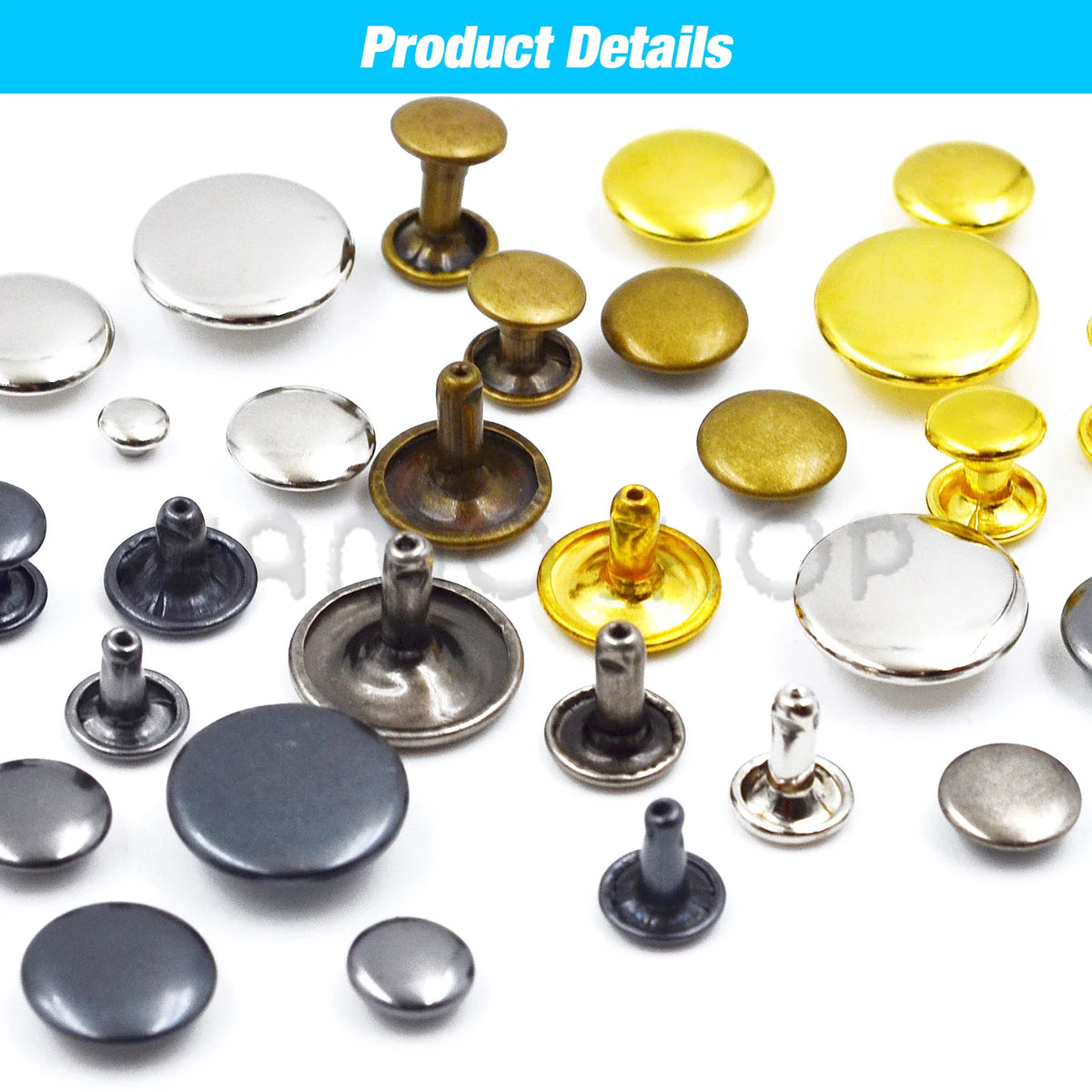 A collection of various metal studs and rivets in gold, silver, and black tones