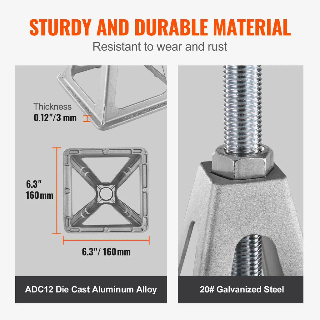 Technical breakdown of the aluminum and galvanized steel stabilizer jack base, dimensions, and material specifications.