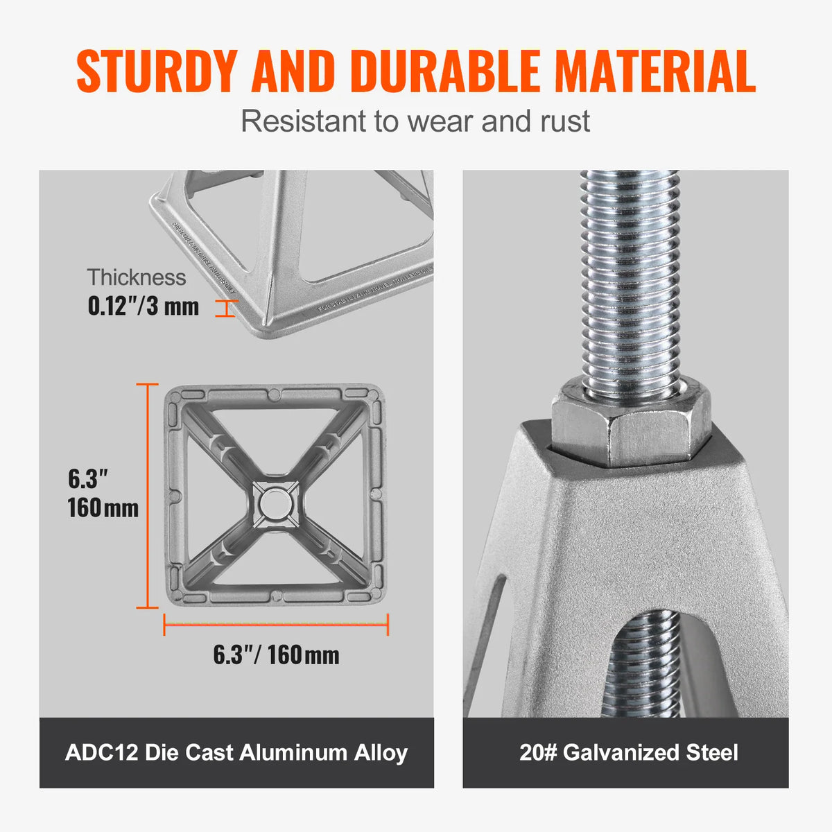 Technical breakdown of the aluminum and galvanized steel stabilizer jack base, dimensions, and material specifications.