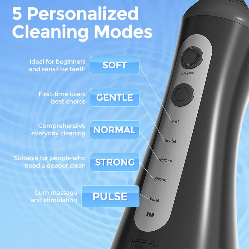 Close-up of a black portable water flosser highlighting its five cleaning modes: soft, gentle, normal, strong, and pulse.