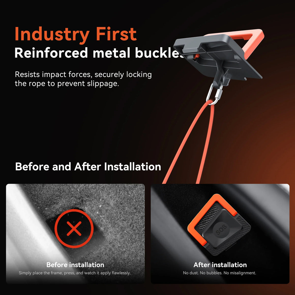 Installation steps for car rear door emergency handle showing before and after views