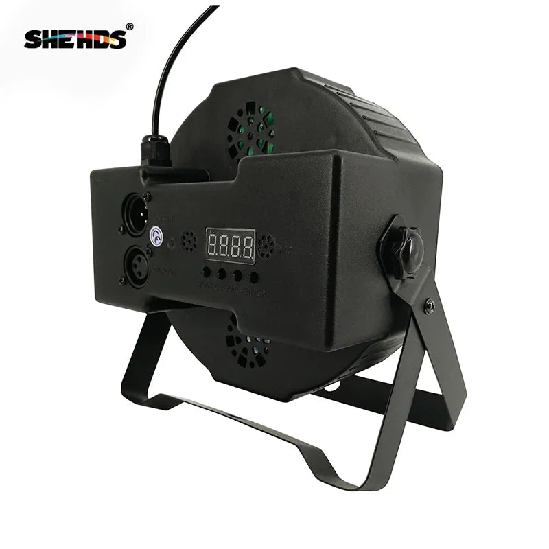 Back view of a black flat led par stage light with control panel and power cable