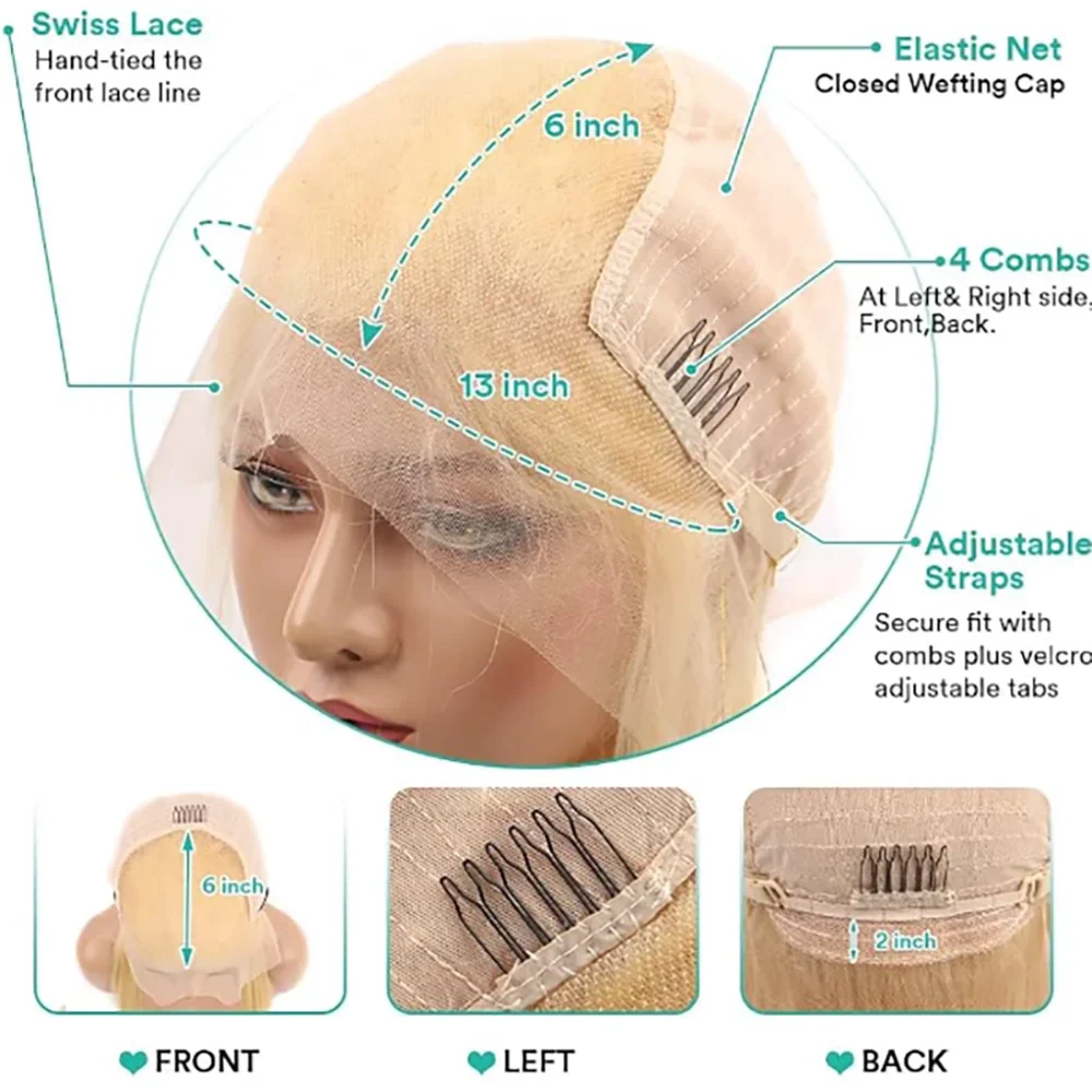 Diagram showing 13x6 inch lace frontal wig construction with adjustable straps and combs