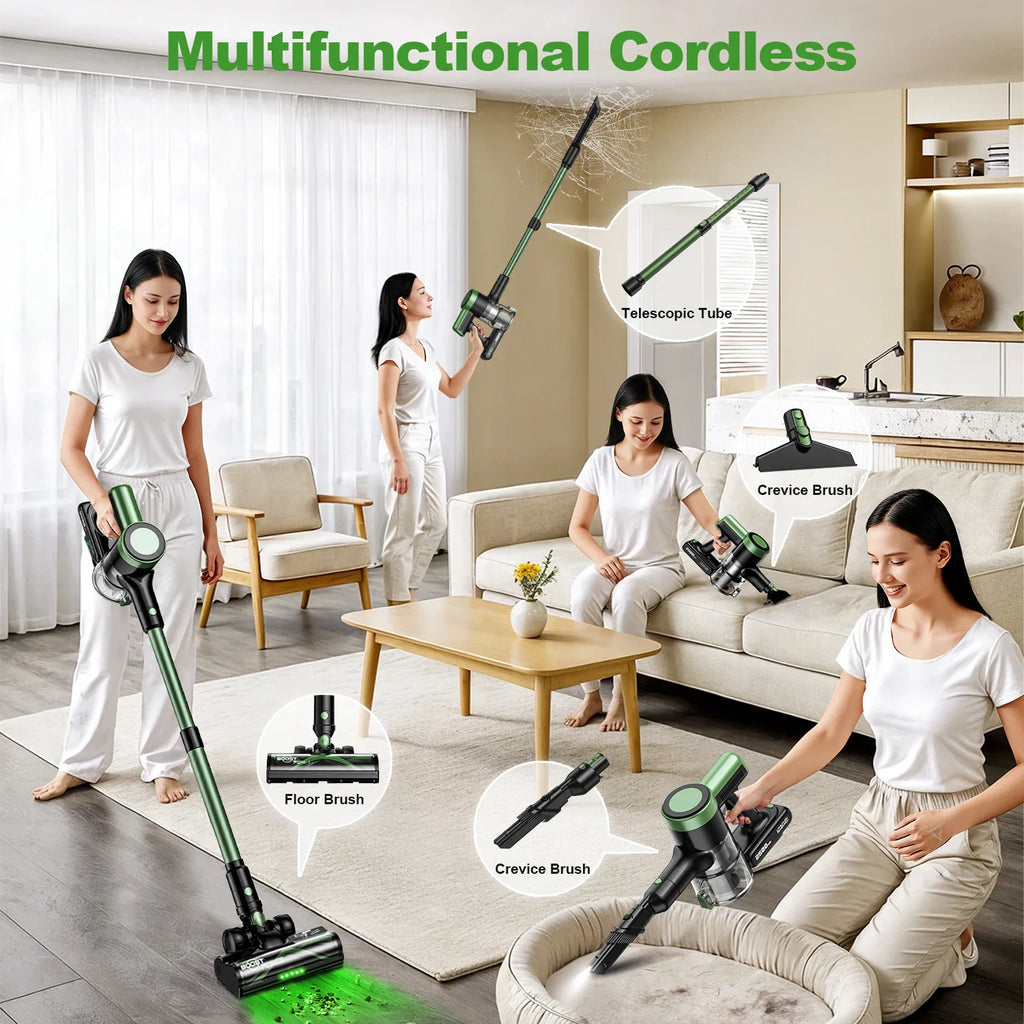 Woman using a multifunctional cordless stick vacuum cleaner in various home cleaning scenarios.