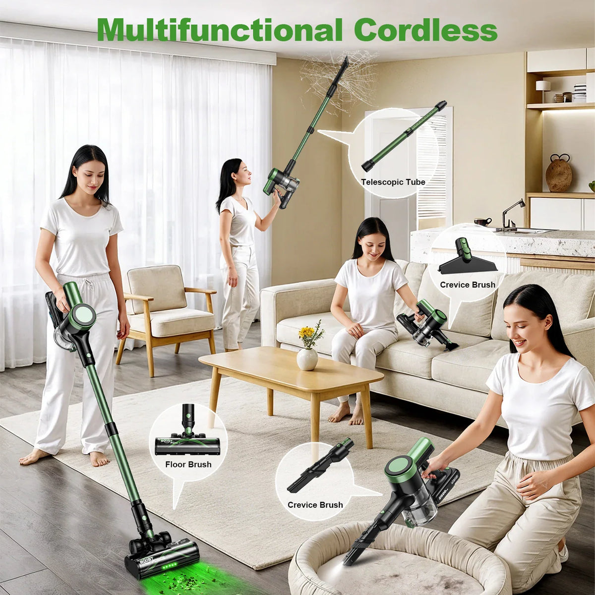 Woman using a multifunctional cordless stick vacuum cleaner in various home cleaning scenarios.