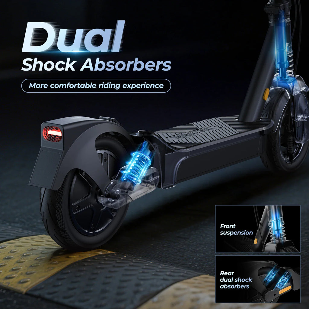 Electric scooter dual shock suspension system highlighted with inset detail views