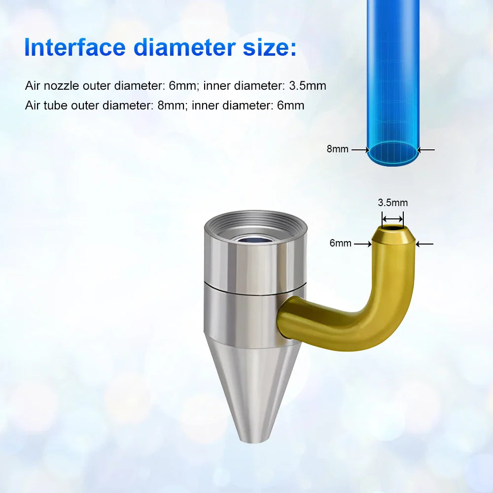 Technical diagram showing laser air nozzle and air tube connection dimensions