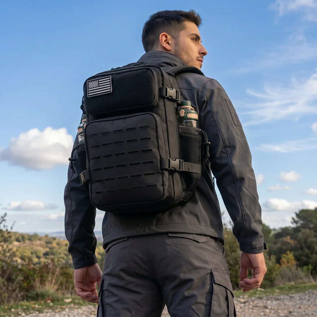 A man wearing a black tactical backpack outdoors against a blue sky.
