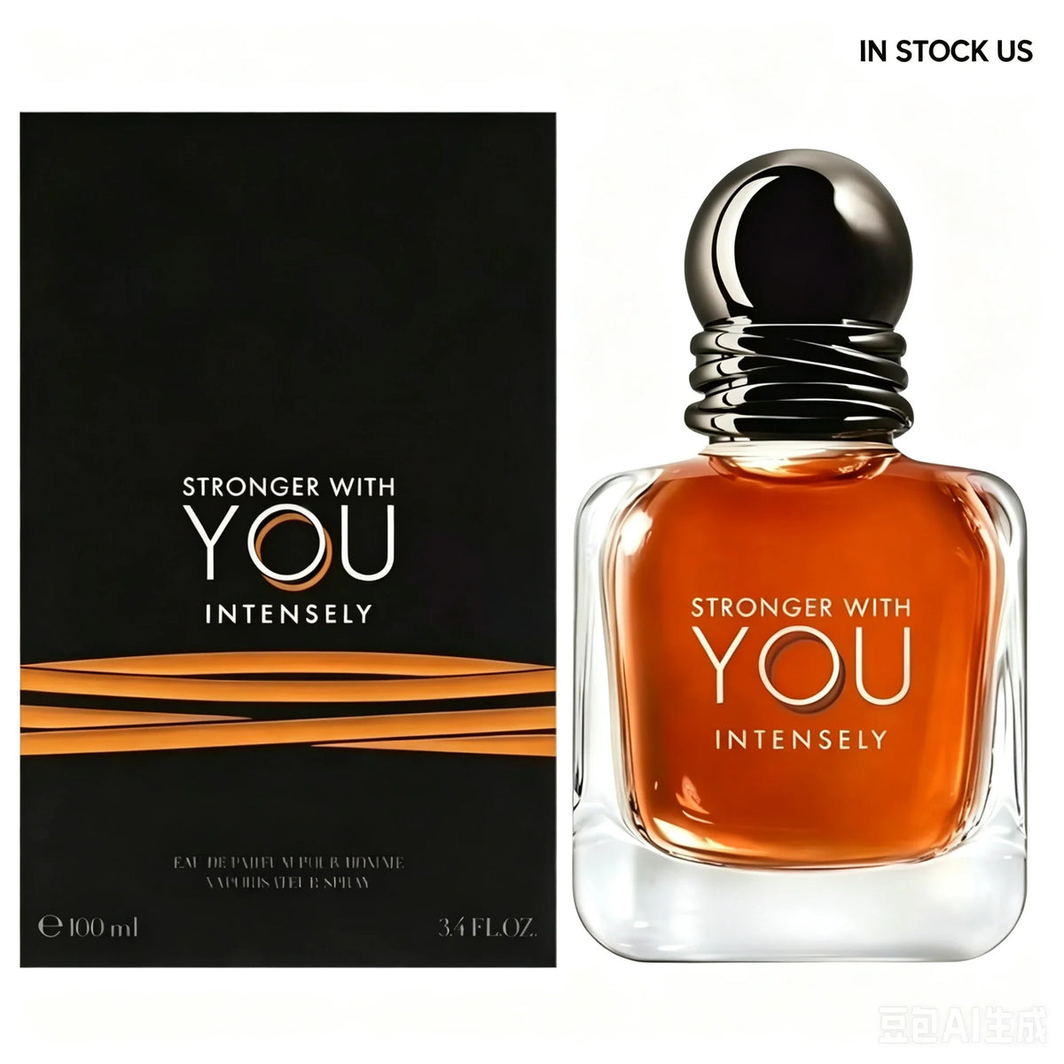 Men's amber perfume bottle with black box packaging, 100ml size, with in-stock text overlay