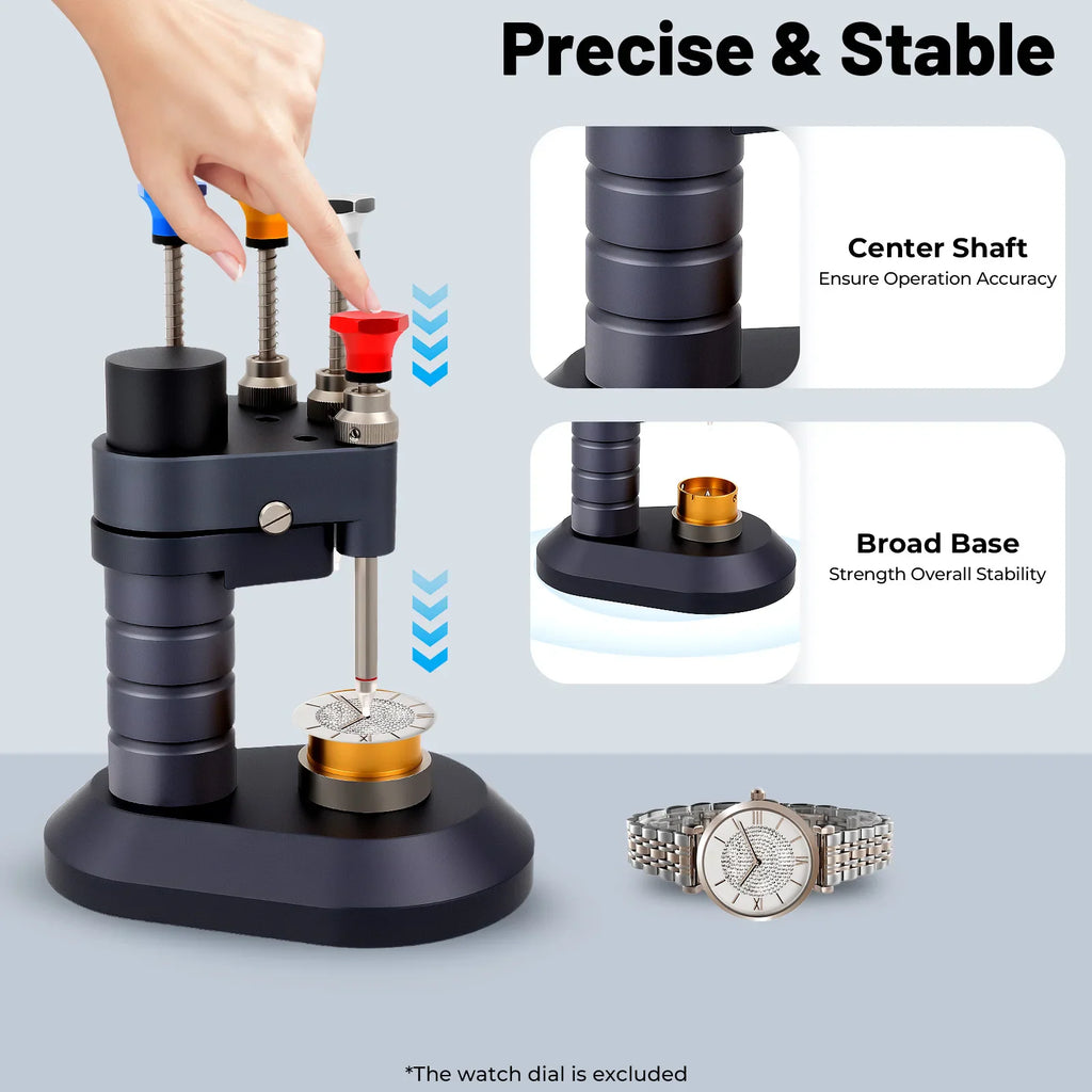 Precision watch hand setting tool demonstrating stable operation and accurate placement on a watch dial.