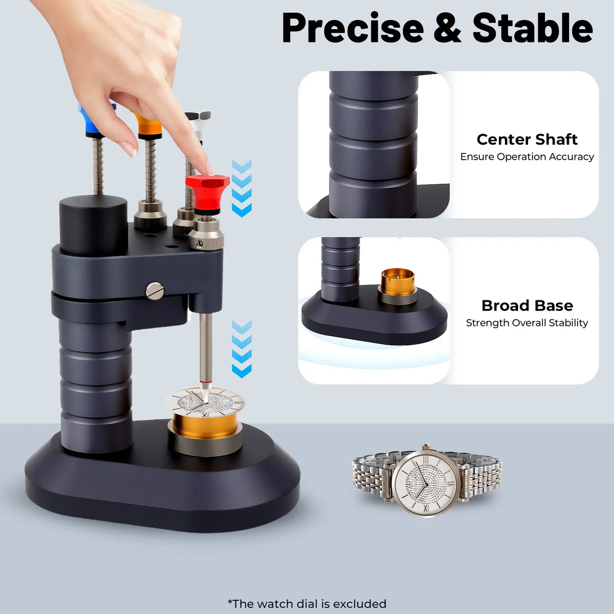 Precision watch hand setting tool demonstrating stable operation and accurate placement on a watch dial.