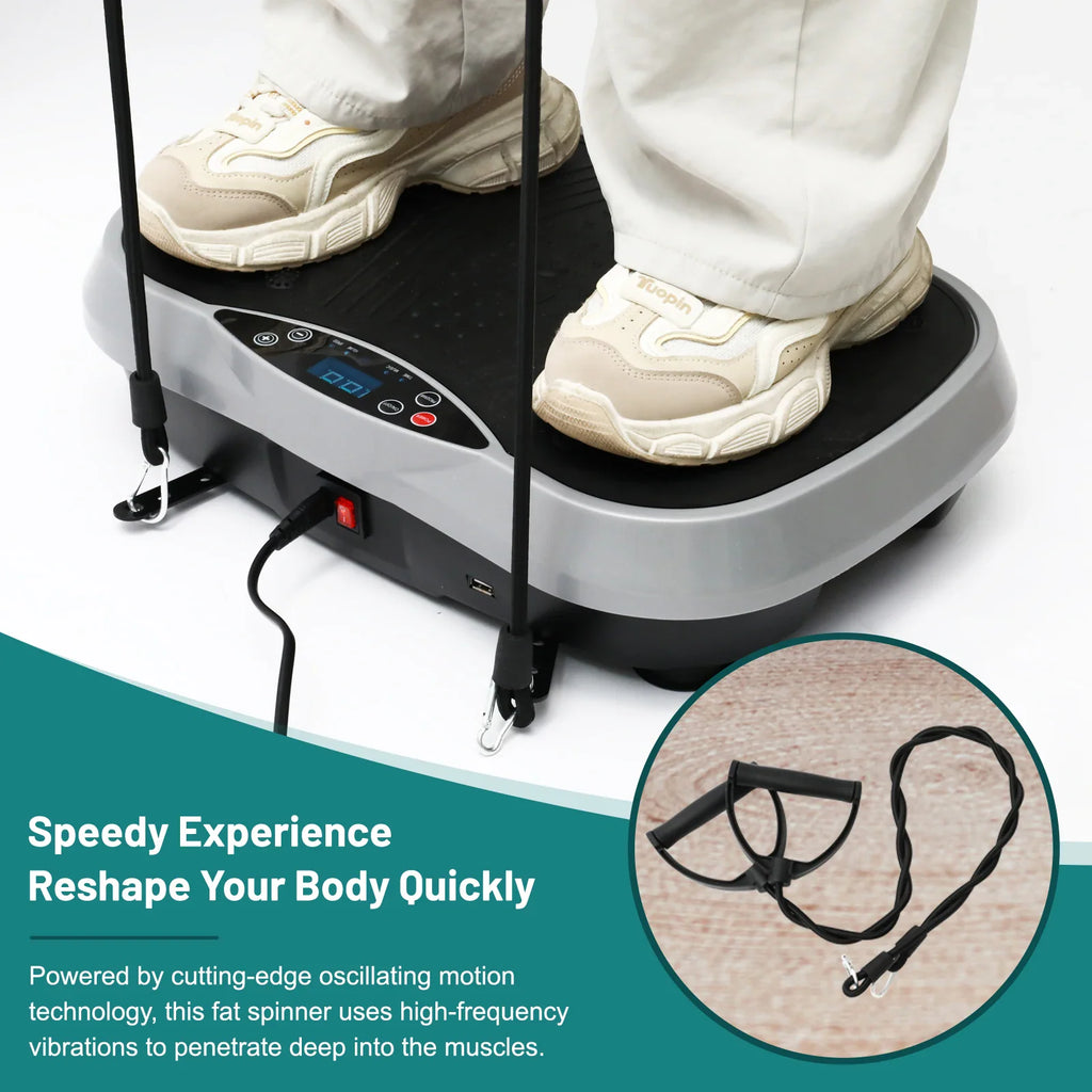 Close-up of feet on a vibration plate exercise machine with resistance bands and remote control